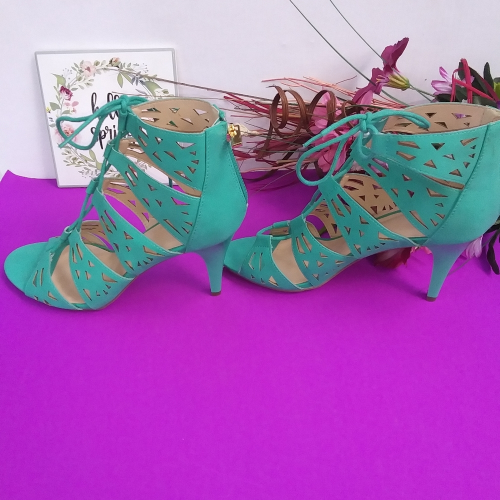 NWT turquoise lace up high heel pumps